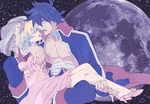  1girl bandages blue_hair couple dress full_moon garlock_simon gloves hayami_sukaruchinofu hetero holding moon multicolored_hair nia_teppelin pink_dress sarashi simon tengen_toppa_gurren_lagann trench_coat two-tone_hair veil 