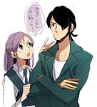  1girl bad_id bad_pixiv_id beard black_hair blue_eyes crossed_arms facial_hair father_and_daughter half_updo hiroaki_(angie) inazuma_eleven inazuma_eleven_(series) kudou_fuyuka kudou_michiya purple_hair translation_request 