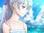  bare_shoulders darker_than_black purple_eyes silver_hair sky water yin 