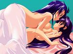  bed_sheet blush breast_press breasts duplicate highres komatsu_eiji large_breasts multiple_girls nude purple_hair symmetrical_docking third-party_edit yuri 
