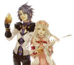  1girl alice_(tales) decus green_eyes miho_(mi) ponytail purple_hair rapier short_hair simple_background smile sword tales_of_(series) tales_of_symphonia tales_of_symphonia_knight_of_ratatosk weapon white_hair yellow_eyes 