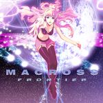  1girl belt blonde_hair blue_eyes boots bra earrings fingernails floating_hair garters glowing hands jewelry lingerie long_hair macross macross_frontier midriff nail_polish neon_lights outstretched_arm outstretched_hand pink_nails planet reaching sheryl_nome shorts smile solo space thigh_boots thighhighs underwear 