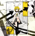  blonde_hair blue_eyes checkered checkered_skirt hair_ribbon headphones highres kagamine_rin plastick ribbon short_hair sitting skirt solo tiger_rampage_(vocaloid) vocaloid 