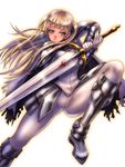  armor blonde_hair boken_fantasy boots claymore claymore_(sword) dietrich female gradient gradient_background greaves grey_eyes highres long_hair solo sword twintails weapon white_background 