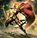  1girl armor blonde_hair blood_elf_(warcraft) breasts cape commentary elf english_commentary genzoman green_eyes holding holding_sword holding_weapon lips outdoors paladin_(warcraft) photoshop_(medium) player_character_(wow) pointy_ears red_cape signature solo sword warcraft weapon world_of_warcraft 