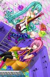  aqua_eyes aqua_hair arm_warmers asymmetrical_clothes bad_id bad_pixiv_id boots bracelet checkered checkered_floor choker fingerless_gloves garter_straps gift gloves guitar hat hatsune_miku headphones high_heels instrument jewelry keyboard_(instrument) kneehighs ladder long_hair megurine_luka meuyi mini_hat mini_top_hat multiple_girls musical_note necktie pink_hair shoes single_kneehigh single_thighhigh sitting skirt striped striped_legwear thighhighs top_hat twintails very_long_hair vocaloid 