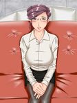  blush breasts couch female glasses hair_up hands_on_lap highres large_breasts legwear lipstick makeup milf purple_hair sitting skirt solo stockings tetsu_kui thighhighs 
