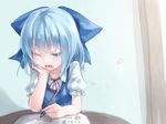 1girl arm_support blue_eyes blue_hair bow chin_rest cirno colored_eyelashes doodle holding holding_pencil junwool left-handed math one_eye_closed pencil petals ribbon solo tears touhou yawning 