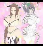  !? 2girls ? animal_ears blush bra breasts cleavage cow_ears cow_print cow_tail furry homura homura_(haku89) huge_breasts large_breasts multiple_girls surprised tail thighhighs underwear 