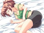  1girl backstage bed bike_shorts blush brown_hair eyes_closed game_cg kuze_ami short_hair sleeping solo 