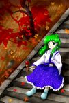  bad_id bad_pixiv_id blush frog full_body green_eyes green_hair hair_ornament huyusilver kendama kochiya_sanae leaf long_hair maple_leaf official_style oota_jun'ya_(style) parody skirt snake solo touhou toy unmoving_pattern 