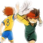  brown_hair closed_eyes clothes_writing crossover endou_mamoru gloves goalkeeper grin headband high_five inazuma_eleven inazuma_eleven_(series) inazuma_eleven_go matsukaze_tenma multiple_boys raimon raimon_soccer_uniform rumia_(compacthuman) smile soccer_uniform sportswear time_paradox white_background 