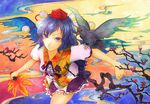  bad_id bad_pixiv_id bird black_hair branch cherry_blossoms colored_eyelashes crow deepviolet fan hat holding looking_at_viewer purple_eyes shameimaru_aya short_hair short_sleeves skirt smile solo tokin_hat touhou traditional_media watercolor_(medium) wings 