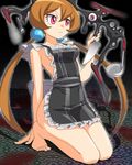  alisa_southerncross amada apron arm_support barefoot black_background breasts brown_hair chopsticks eyeball fork frilled_apron frills keroro_gunsou kneeling knife ladle long_hair medium_breasts naked_apron nebula_(keroro) pink_eyes shadow sideboob solo spatula twintails whisk 