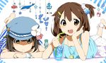  artist_self-insert brown_eyes brown_hair casual drink fictional_persona hat hirasawa_yui k-on! kana_(okitasougo222) lying multiple_girls on_stomach ramune self-portrait ship short_hair side_ponytail watercraft whale 