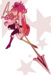  bare_shoulders boots chain detached_sleeves foreshortening grin long_hair magical_girl mahou_shoujo_madoka_magica moruga polearm ponytail red_eyes sakura_kyouko smile solo spear star thighhighs weapon 