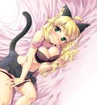  ahoge animal_ears blonde_hair blush bra breasts cat_ears cat_tail cleavage dutch_angle fang green_eyes holding holding_hair hoshii_miki idolmaster idolmaster_(classic) lingerie long_hair lying maru_(sara_duke) medium_breasts navel on_side panties panty_pull solo tail underwear 