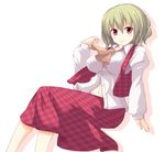  :3 ascot blush breasts collar dress_shirt fal_maro green_hair highres impossible_clothes impossible_shirt kazami_yuuka large_breasts long_skirt long_sleeves midriff navel plaid plaid_skirt plaid_vest red_eyes shirt short_hair simple_background sitting skirt skirt_set smile solo touhou v-shaped_eyebrows vest white_background 