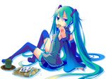  arm_support bad_id bad_pixiv_id boots detached_sleeves eating food green_eyes green_hair hatsune_miku highres long_hair mouth_hold sitting skirt solo tea temari_(deae) thigh_boots thighhighs twintails very_long_hair vocaloid 
