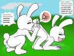  all_fours anthro anus balls bent_over blush butt cloud crouching cunnilingus dialogue dirty_talk female grass hi_res horny_(disambiguation) internal lagomorph long_ears looking_back male male/female mammal nude oral outside penis presenting profanity pussy rabbit raised_tail rubisdrake sex tagme tail_grab vaginal 