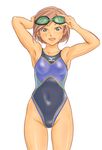  aqua_eyes armpits bad_id bad_pixiv_id bob_cut brown_hair competition_swimsuit face goggles goggles_on_head mizuno one-piece_swimsuit original shoko_(moccom) short_hair smile solo swimsuit wet 