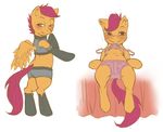  butt clothing cocked_eyebrow crookedtrees cub equine female flat_chested friendship_is_magic horse mammal my_little_pony pegasus plain_background pony railgunner scootaloo_(mlp) smile solo white_background wings young 