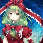  aqua_eyes arm_ribbon bad_id bad_pixiv_id banned_artist bow colorized dress front_ponytail green_eyes green_hair hair_bow hair_ribbon highres kagiyama_hina lace ribbon solo touhou tsukiriran yutazou 