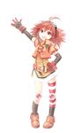  arm_up copyright_request elbow_gloves gloves highres knee_pads open_mouth red_eyes red_hair simple_background single_thighhigh solo striped striped_legwear thighhighs wander_(cordabyss) white_background 
