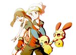  1girl alternate_costume avri bandana bike_shorts black_hair brown_hair closed_eyes fang gen_3_pokemon gloves hat holding_hands minun odamaki_sapphire plusle pokemon pokemon_(creature) pokemon_special red_eyes ruby_(pokemon) sleeveless smile 