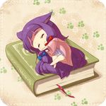  :3 animal_ears blueberry_(5959) book bow cat_ears cheekbones chibi closed_eyes dress hair_bow happy highres kemonomimi_mode long_hair lying minigirl no_hat no_headwear on_side patchouli_knowledge pink_dress purple_hair sleeping solo touhou very_long_hair 