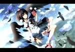  bad_id bad_pixiv_id bird black_hair black_wings book brown_hair fan feathers flying geta hat itoo leaf looking_at_viewer red_eyes shameimaru_aya skirt smile solo tokin_hat touhou wings 