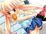  blonde bread food loli long_hair mouth_hold red_eyes sweat_drop yumemisou_hutaba_channel 