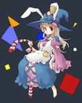  animal_ears barefoot blonde bow dress feet hat irisu_kyouko irisu_syndrome kemonomimi long_hair red_eyes socks solo striped usamimi witch witch_hat yuderupii 