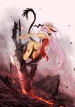 bare_shoulders dagger demon_girl demon_tail green_eyes highres horns knife long_hair molten_rock mouth_hold original pink_hair solo sword tail un weapon 