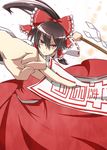  bow brown_hair cherry_blossoms detached_sleeves dress fighting_stance gohei hair_bow hair_tubes hakurei_reimu highres ponytail red_eyes solo spell_card touhou yutamaro 