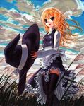  apron black_legwear blonde_hair bow braid buttons cloud day dress grass hair_bow hair_ornament hat kabaji kirisame_marisa long_hair sky solo thighhighs touhou traditional_media walking witch witch_hat zettai_ryouiki 