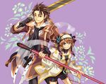  1girl alvin_(tales) bike_shorts brown_eyes brown_hair cravat gloves green_eyes hair_ornament hair_ribbon leia_rolando miho_(mi) purple_background ribbon short_hair smile sword tales_of_(series) tales_of_xillia wand weapon 