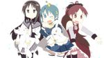  akemi_homura bare_shoulders black_hair black_legwear blue_eyes blue_hair bow cape gloves hair_bow hair_ornament hairband hairclip hand_on_hip kyubey long_hair magical_girl mahou_shoujo_madoka_magica miki_sayaka multiple_girls nichijou one_eye_closed open_mouth outstretched_arms pantyhose parody pointing ponytail red_eyes red_hair sakura_kyouko sorimachi-doufu thighhighs white_gloves white_legwear 