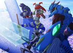  abs all_fours anthro arm_wraps armband armor black_body black_fur bomb_(artist) claws clothed clothing feet felid flying foot_wraps fur grey_body grey_fur group holding_melee_weapon holding_object holding_sword holding_weapon horn male mammal melee_weapon muscular muscular_male red_eyes scarf staff standing sword topless translucent weapon wraps 