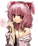  bare_shoulders breasts cleavage gobou_(gbu) hair_bobbles hair_ornament medium_breasts off_shoulder onozuka_komachi pink_hair red_eyes solo touhou two_side_up upper_body 