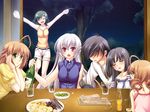  ahoge blush casual drink eyes_closed food ginko_(tasogare_no_sinsemilla) green_eyes group happy iwanaga_satsuki iwanaga_shouko kasuga_iroha long_hair minagami_kousuke minagami_sakuya odawara_hakone open_mouth purple_eyes sake short_hair shorts sitting sky standing star table tasogare_no_sinsemilla tree 