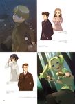  4boys absurdres baccano! bell black_hair blonde_hair blue_eyes brown_eyes brown_hair character_request child closed_eyes dress enami_katsumi eve_genoard formal glasses highres huey_laforet long_hair looking_back luck_gandor maiza_avaro multiple_boys multiple_girls necktie official_art rain scan short_hair smile suit twintails yellow_eyes 