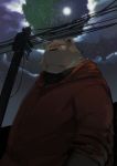  2010 anthro brown_fur clothing fur hoodie male mammal moon night outside smoking solo syukouakanaru ursid 