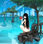  abstract ass bad_id bad_pixiv_id barefoot black_hair blue_eyes breasts eating food fruit jittsu long_hair looking_at_viewer nude original pipe post-apocalypse sideboob small_breasts solo squatting tree water 