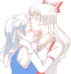  bad_id bad_pixiv_id blush closed_eyes couple forehead_kiss fujiwara_no_mokou happy hug kamishirasawa_keine kirikase123 kiss laughing multiple_girls no_hat no_headwear profile simple_background smile touhou yuri 