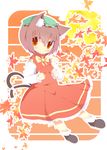  animal_ears bad_id bad_pixiv_id brown_eyes brown_hair cat_ears cat_tail chen leaf maple_leaf rowtan solo tail touhou 