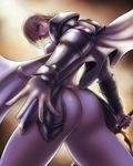  armor ass blonde_hair boken_fantasy cape claymore claymore_(sword) female gloves gradient gradient_background grey_eyes highres jean looking_back short_hair solo sword weapon 