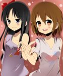  akiyama_mio amida bad_id bad_pixiv_id black_hair bow brown_hair earrings food fruit highres hirasawa_yui jewelry k-on! listen!! long_hair multiple_girls short_hair smile strawberry 