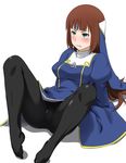  black_legwear blush brown_hair cameltoe circlet feet fractale green_eyes long_hair pantyhose phryne priest simple_background sitting solo tears youkan 