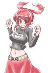  breasts kae large_breasts long_sleeves midriff red_eyes red_hair robot_ears solo sotto suguri twintails 